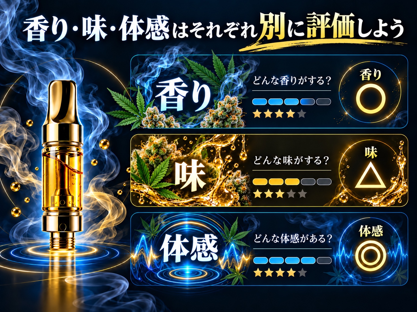 香り○・味△・体感◎のように、それぞれ別に評価する例